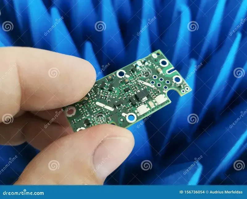 Engineer holding a PCB board and examining it in a lab setting