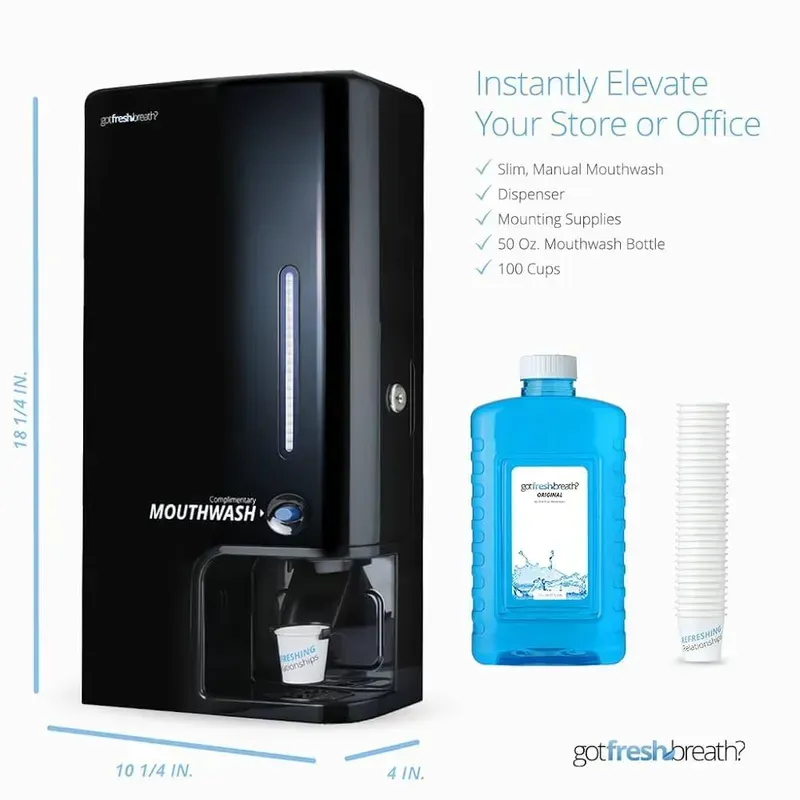 A shared mouthwash vending machine in a public setting