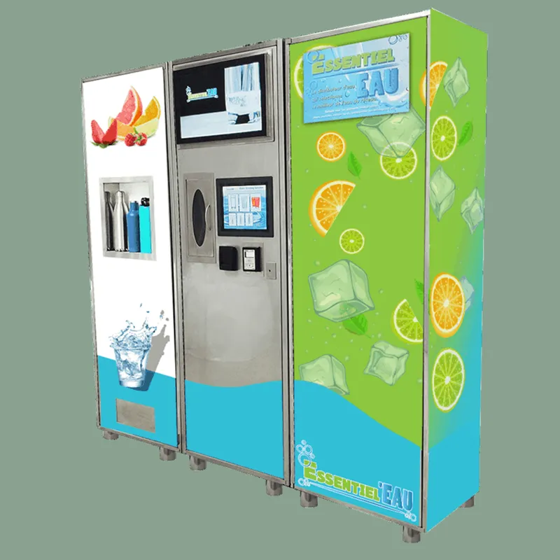 A person making a payment at a shared bottled water vending machine