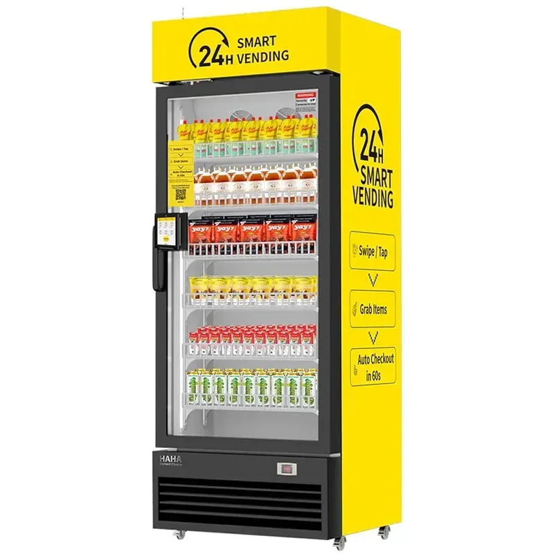 A modern smart vending machine with a digital display
