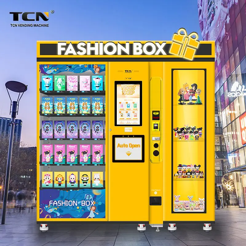 A modern mystery box vending machine in a retail setting