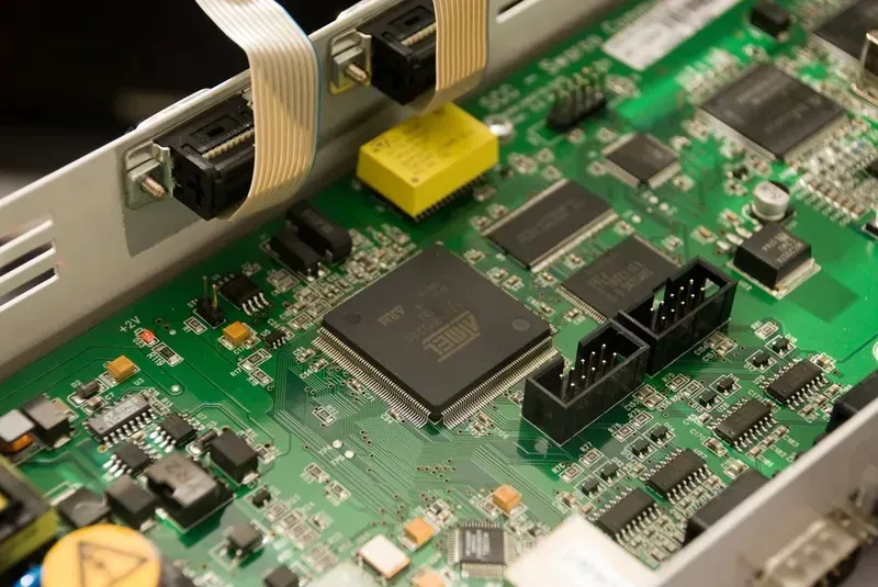 A close-up view of a PCB circuit board integrated within a piece of photography equipment