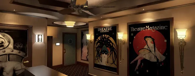 Interior view of a modern cinema lobby with people