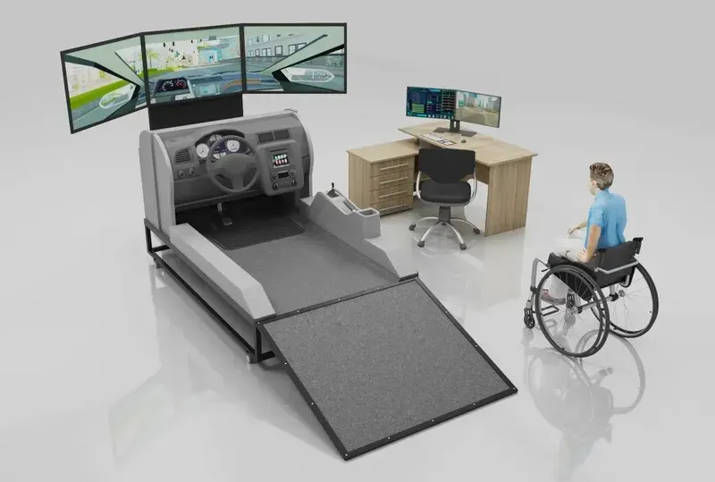 A training room with multiple driving simulators