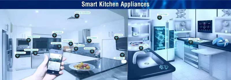 Various smart kitchen appliances connected to IoT, showing data flow icons