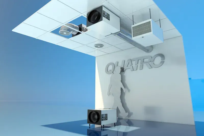 An air purifier operating in a modern office environment