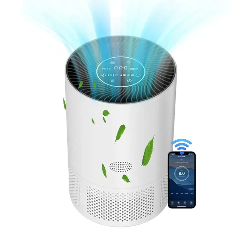 A modern smart air purifier device in a room