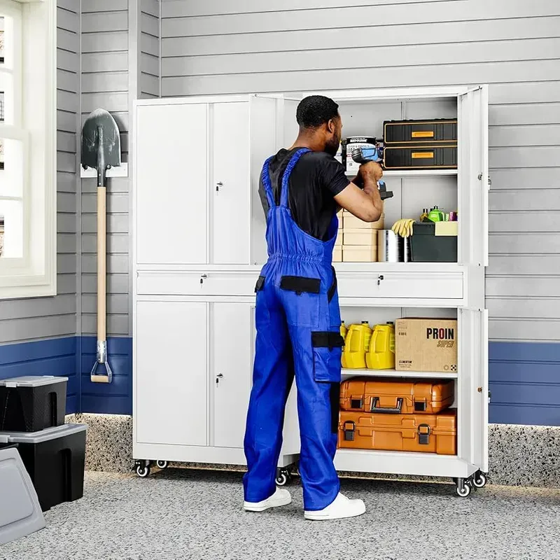 A technician installing or configuring a smart storage cabinet in a professional setting.