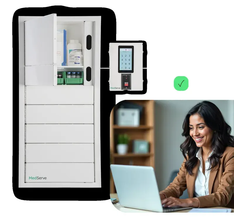 A hand scanning a badge for access to a medical device cabinet
