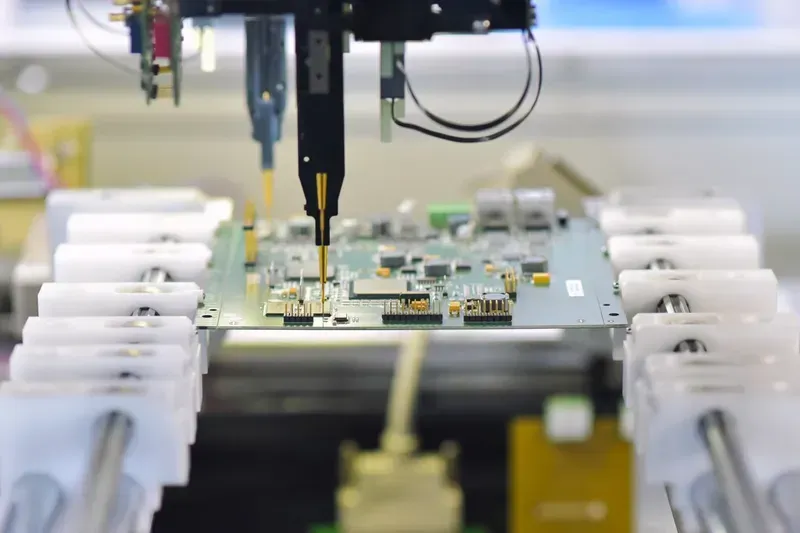 An engineer diligently operating advanced machinery on a PCB production line, demonstrating expertise and focus in the manufacturing process.