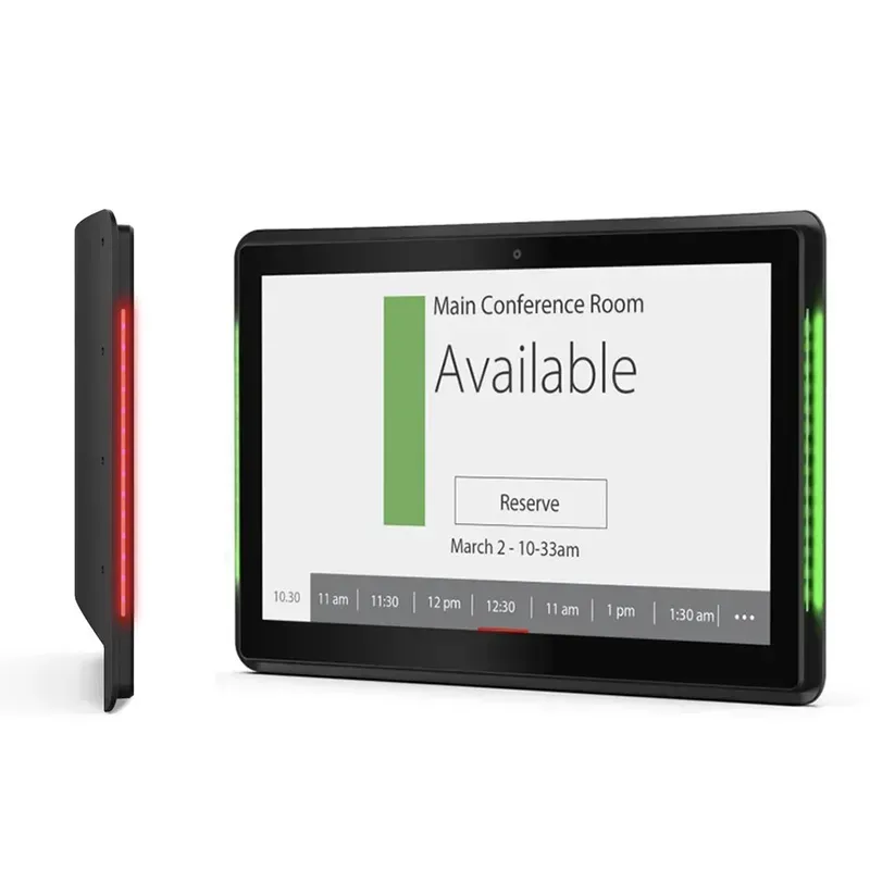 A close-up of a tablet showing a smart room booking interface