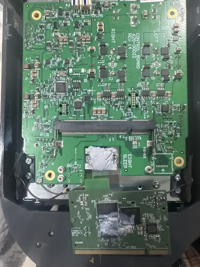 Close-up of a PCB board inside a sleep pod's control system