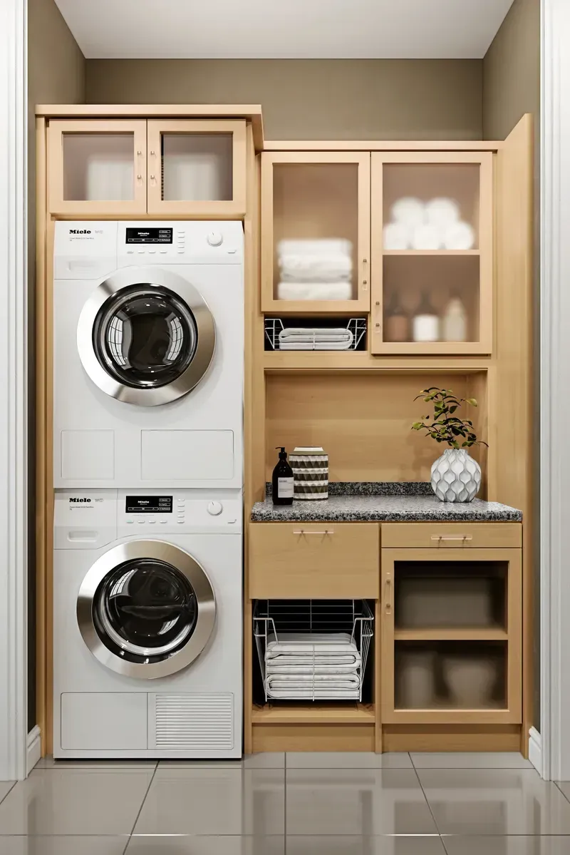 Modern laundry room with multiple dryer machines