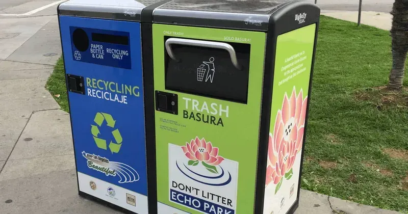 A modern smart waste recycling bin in an urban setting