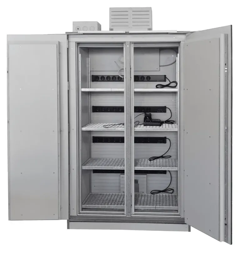 Internal view of a shared battery cabinet showing components