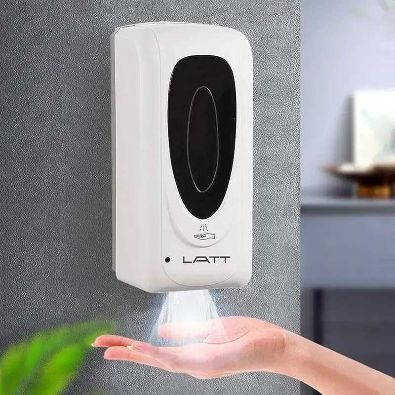 A smart hand sanitizer dispenser in a shared restroom.