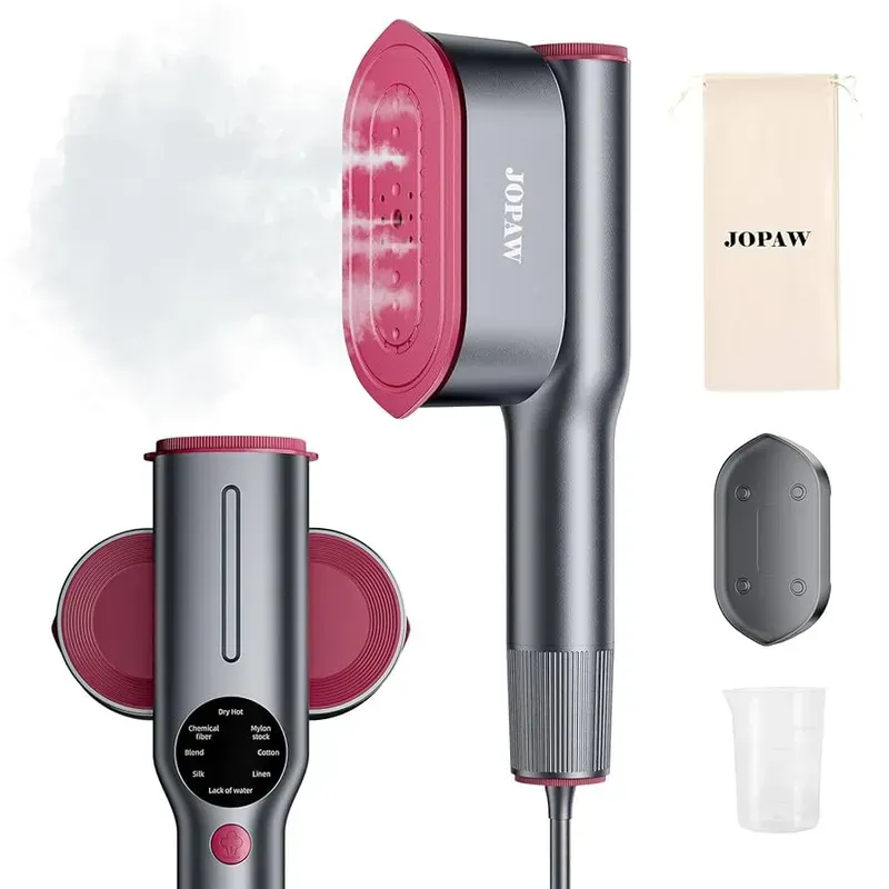 Close-up of a smart garment steamer's user interface and control panel