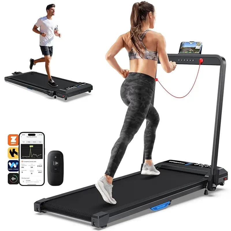 A person exercising on a smart treadmill with an interactive display