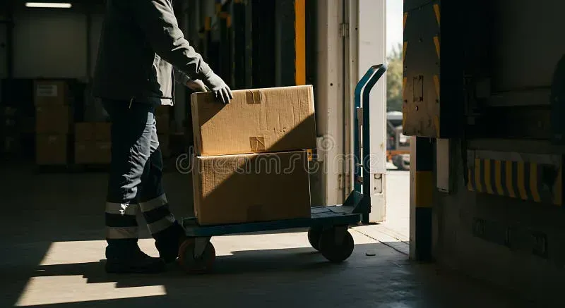 A handcart being used in a warehouse setting.