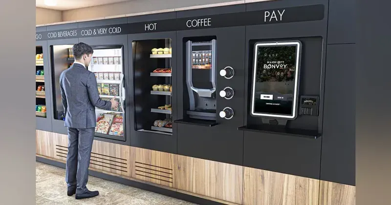 A smart vending machine installed in a hotel lobby.