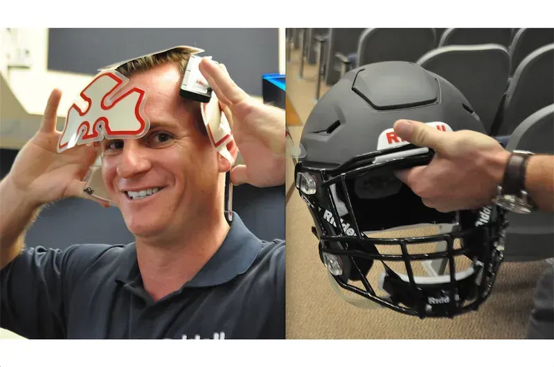Close-up of an impact sensor integrated into a smart helmet