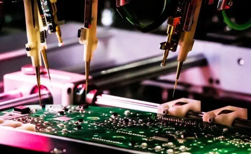 Technician performing quality inspection on an automotive PCB