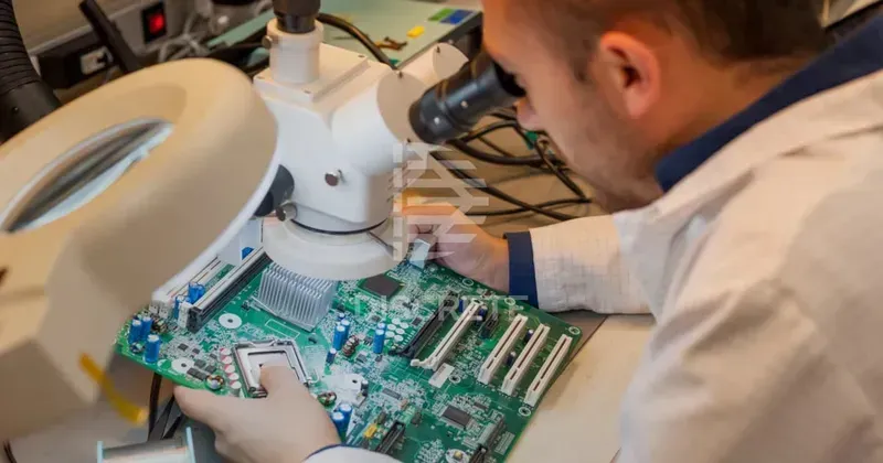 Technician performing quality inspection on a PCB