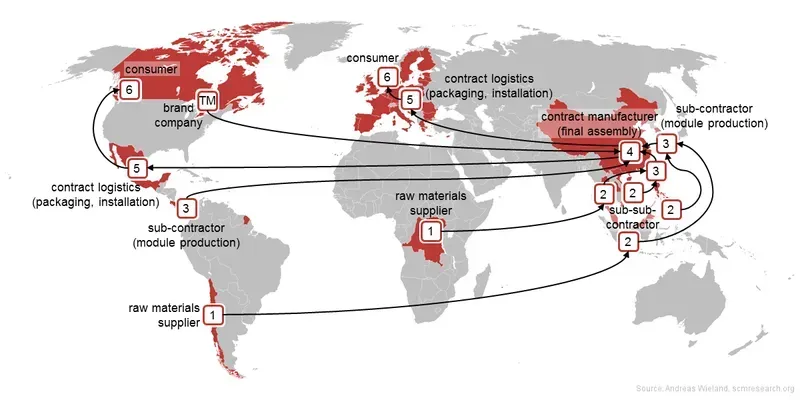 Map illustrating a global PCBA supply chain network