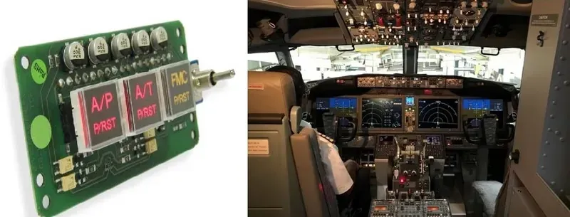 A close-up of a PCB board designed for an aircraft cockpit, showcasing intricate circuit patterns