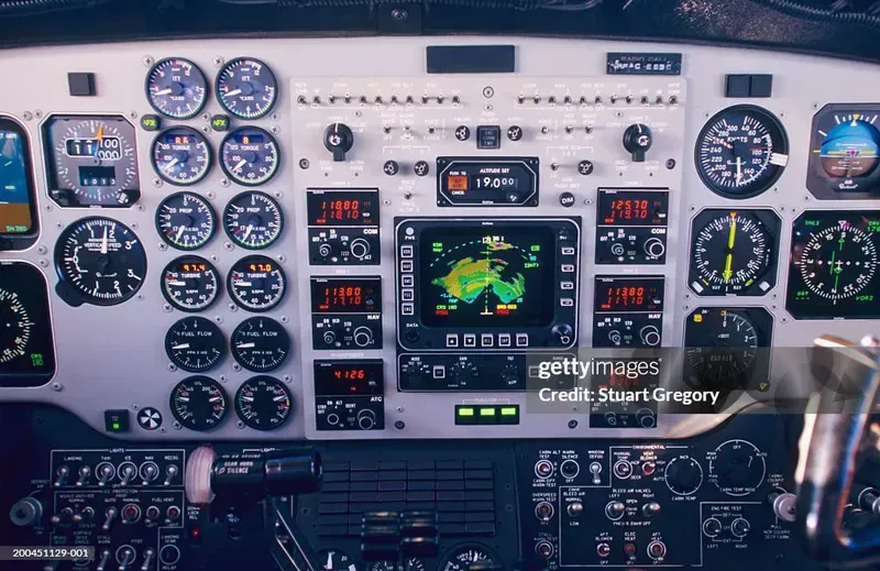 Detailed view of an airplane cockpit instrument panel