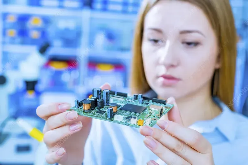 An engineer holding and inspecting a PCB circuit board