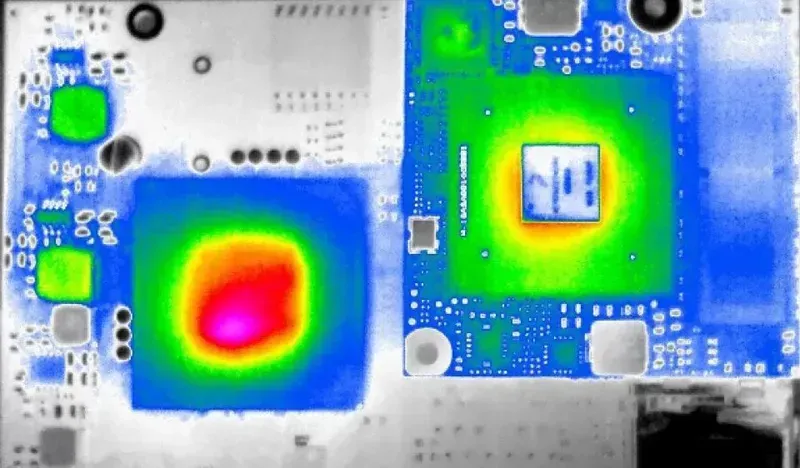 A thermal image displaying heat distribution on a PCB