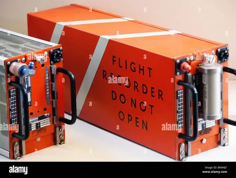 A close-up view of an aircraft black box (FDR/CVR)