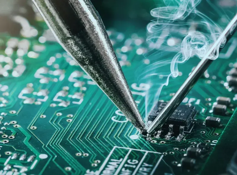 A close-up view of precision solder joints on a PCB