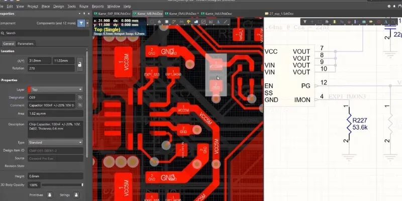 A software interface showing a PCB design with components and traces