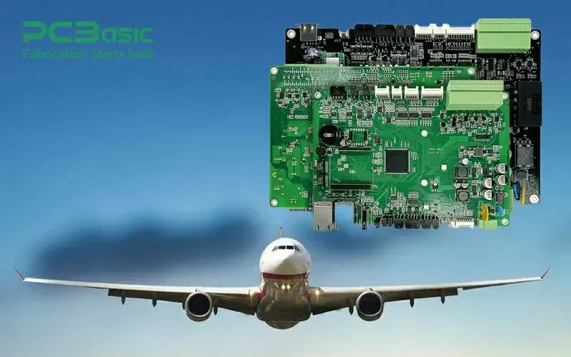 An aerospace PCB manufacturing environment showing specialized equipment