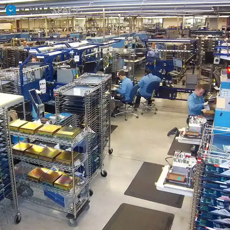 An assembly line with workers assembling complex electronic systems with PCBs