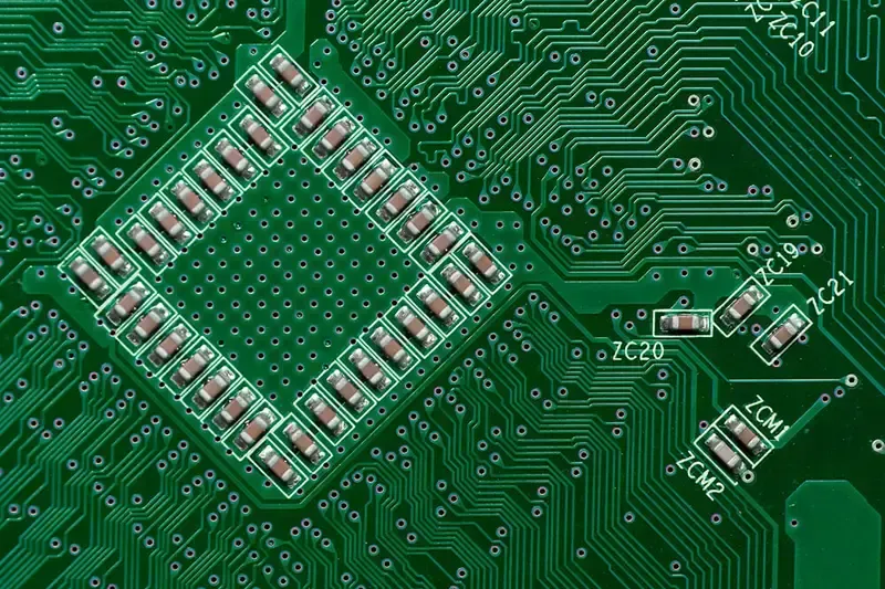 A detailed close-up of a multi-layer PCB circuit board showing its intricate design