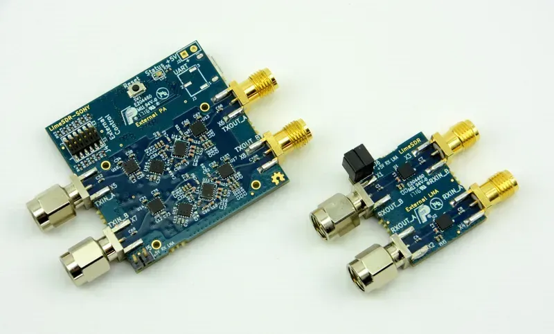 A close-up of an RF front-end circuit board with components
