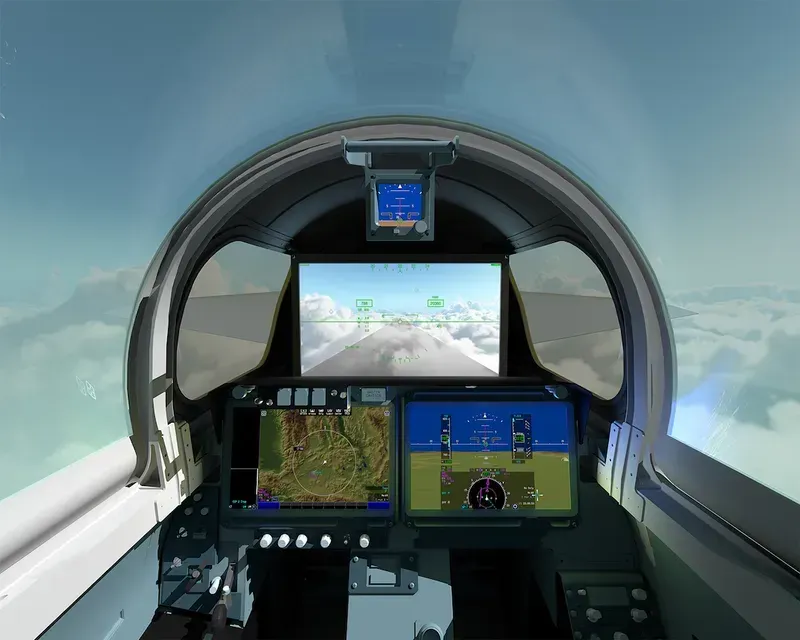 An interior view of an aircraft cockpit with integrated monitoring screens
