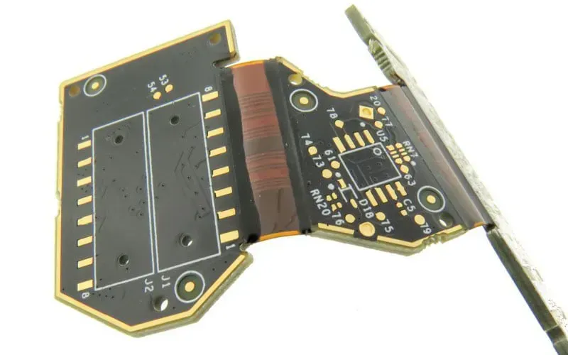 A close-up image of a flexible PCB board being bent