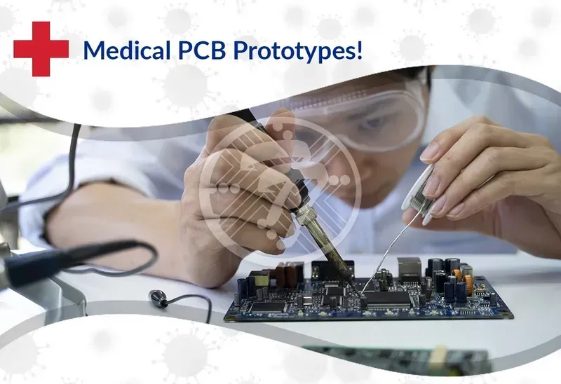 Technician working on a medical PCB prototype on a workbench