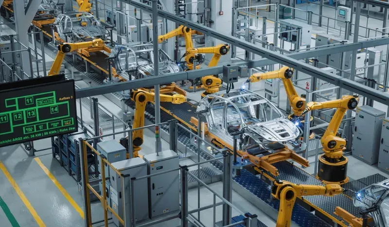 A wide shot of a modern factory automation production line with machinery and robots.