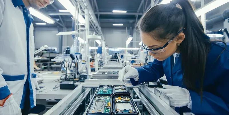 A technician assembling components onto a PCB board