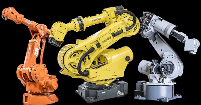 An industrial robot arm in operation with integrated PCB