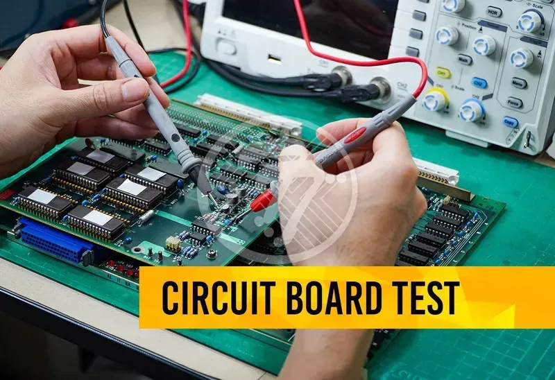 Technician performing tests on a PCB circuit board using equipment