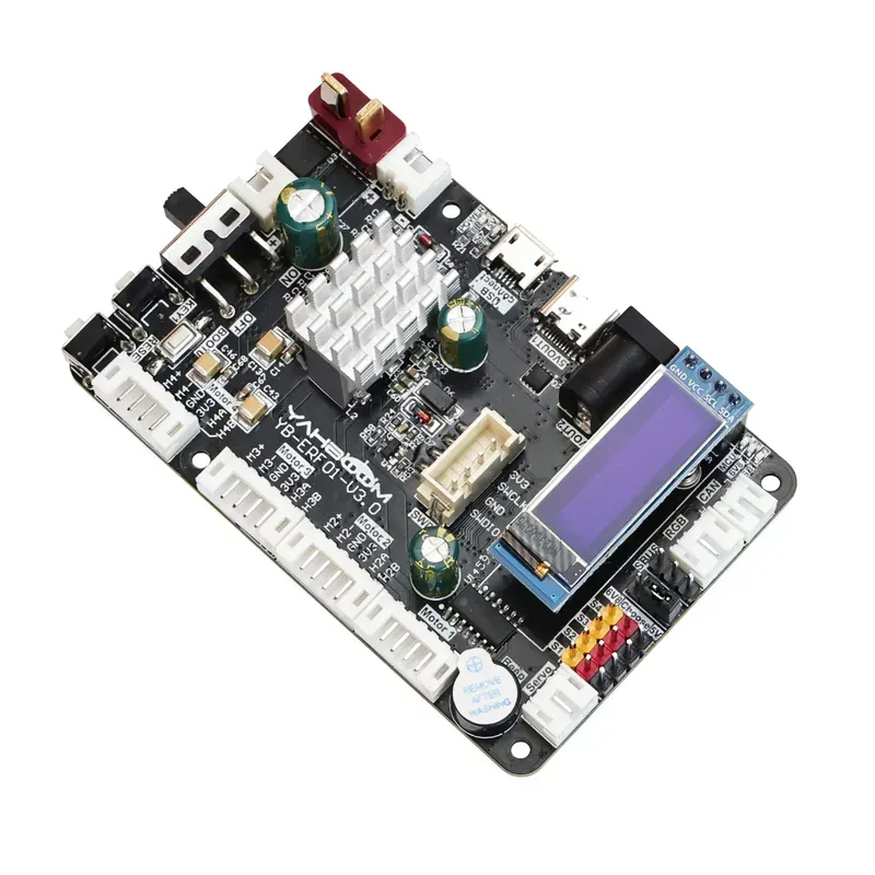 A close-up of a robot controller PCB board with various components