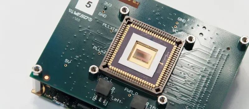 A close-up of a smart sensor integrated circuit chip