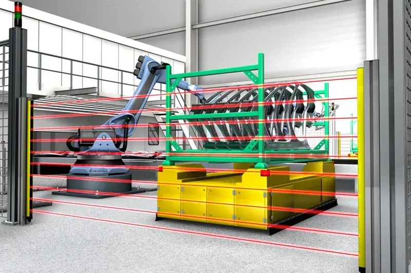 An industrial safety light curtain actively protecting a machine