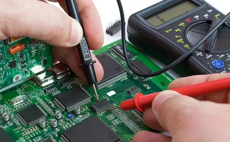 Technicians performing tests on a PCB board in a lab